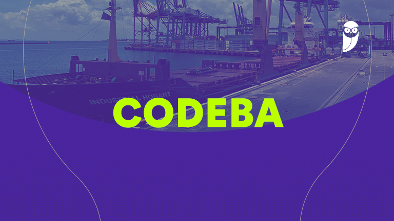 Imagem do porto com guindastes e navios, com o texto CODEBA em destaque